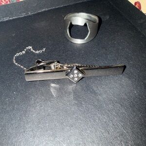 Silver Tie Clip with Diamond Accent “Free Bottle Opener Ring”